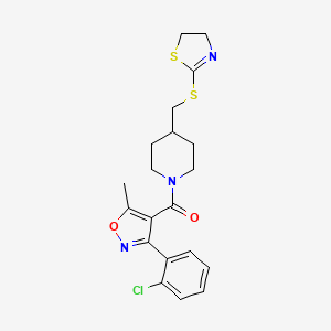 molecular formula C20H22ClN3O2S2 B2984421 (3-(2-Chlorophenyl)-5-methylisoxazol-4-yl)(4-(((4,5-dihydrothiazol-2-yl)thio)methyl)piperidin-1-yl)methanone CAS No. 1396629-37-0