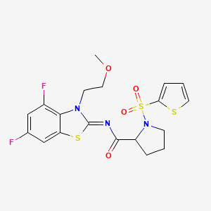 molecular formula C19H19F2N3O4S3 B2984479 (E)-N-(4,6-二氟-3-(2-甲氧基乙基)苯并[d]噻唑-2(3H)-亚基)-1-(噻吩-2-基磺酰基)吡咯烷-2-甲酰胺 CAS No. 1100782-87-3