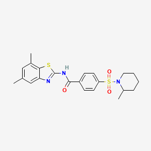 molecular formula C22H25N3O3S2 B2984521 N-(5,7-二甲基苯并[d]噻唑-2-基)-4-((2-甲基哌啶-1-基)磺酰基)苯甲酰胺 CAS No. 896676-82-7