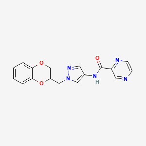 molecular formula C17H15N5O3 B2984525 N-(1-((2,3-dihydrobenzo[b][1,4]dioxin-2-yl)methyl)-1H-pyrazol-4-yl)pyrazine-2-carboxamide CAS No. 1705064-88-5
