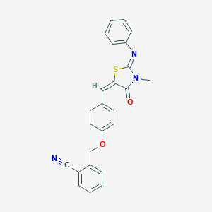 molecular formula C25H19N3O2S B298457 2-[(4-{[3-Methyl-4-oxo-2-(phenylimino)-1,3-thiazolidin-5-ylidene]methyl}phenoxy)methyl]benzonitrile 