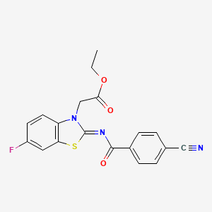 molecular formula C19H14FN3O3S B2984623 (Z)-ethyl 2-(2-((4-cyanobenzoyl)imino)-6-fluorobenzo[d]thiazol-3(2H)-yl)acetate CAS No. 865247-16-1