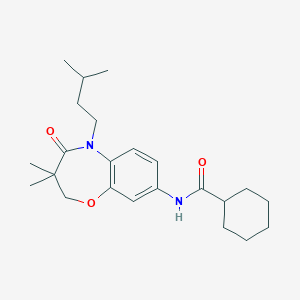 molecular formula C23H34N2O3 B2984711 N-(5-isopentyl-3,3-dimethyl-4-oxo-2,3,4,5-tetrahydrobenzo[b][1,4]oxazepin-8-yl)cyclohexanecarboxamide CAS No. 921811-37-2