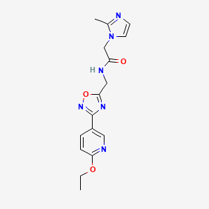molecular formula C16H18N6O3 B2984734 N-((3-(6-ethoxypyridin-3-yl)-1,2,4-oxadiazol-5-yl)methyl)-2-(2-methyl-1H-imidazol-1-yl)acetamide CAS No. 2034601-73-3