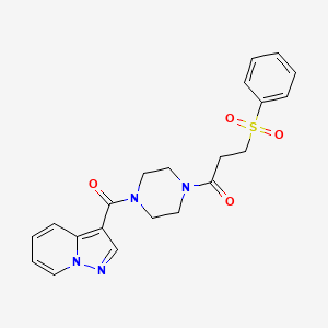 molecular formula C21H22N4O4S B2984847 3-(Phenylsulfonyl)-1-(4-(pyrazolo[1,5-a]pyridine-3-carbonyl)piperazin-1-yl)propan-1-one CAS No. 1396873-22-5