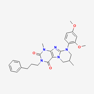 molecular formula C27H31N5O4 B2984853 9-(2,4-dimethoxyphenyl)-1,7-dimethyl-3-(3-phenylpropyl)-6,7,8,9-tetrahydropyrimido[2,1-f]purine-2,4(1H,3H)-dione CAS No. 877617-86-2