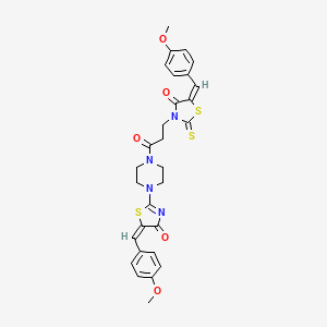 molecular formula C29H28N4O5S3 B2984866 (E)-5-(4-methoxybenzylidene)-2-(4-(3-((E)-5-(4-methoxybenzylidene)-4-oxo-2-thioxothiazolidin-3-yl)propanoyl)piperazin-1-yl)thiazol-4(5H)-one CAS No. 305375-17-1