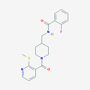 molecular formula C20H22FN3O2S B2984890 2-fluoro-N-((1-(2-(methylthio)nicotinoyl)piperidin-4-yl)methyl)benzamide CAS No. 1234835-25-6