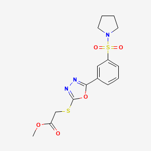 molecular formula C15H17N3O5S2 B2984987 Methyl 2-{5-[3-(pyrrolidinylsulfonyl)phenyl]-1,3,4-oxadiazol-2-ylthio}acetate CAS No. 941244-37-7