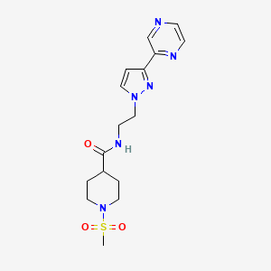 molecular formula C16H22N6O3S B2984990 1-(甲磺酰基)-N-(2-(3-(吡嗪-2-基)-1H-吡唑-1-基)乙基)哌啶-4-甲酰胺 CAS No. 2034510-90-0