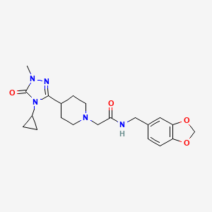 molecular formula C21H27N5O4 B2984995 N-(1,3-Benzodioxol-5-ylmethyl)-2-[4-(4-cyclopropyl-1-methyl-5-oxo-1,2,4-triazol-3-yl)piperidin-1-yl]acetamide CAS No. 1797288-92-6