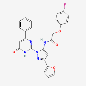 molecular formula C25H18FN5O4 B2985003 2-(4-fluorophenoxy)-N-(3-(furan-2-yl)-1-(6-oxo-4-phenyl-1,6-dihydropyrimidin-2-yl)-1H-pyrazol-5-yl)acetamide CAS No. 1211648-37-1