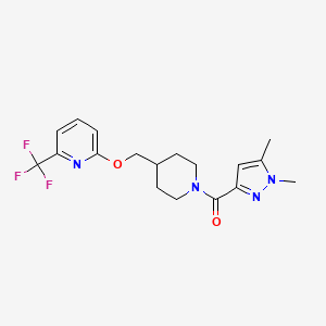 molecular formula C18H21F3N4O2 B2985015 2-{[1-(1,5-dimethyl-1H-pyrazole-3-carbonyl)piperidin-4-yl]methoxy}-6-(trifluoromethyl)pyridine CAS No. 2201329-60-2