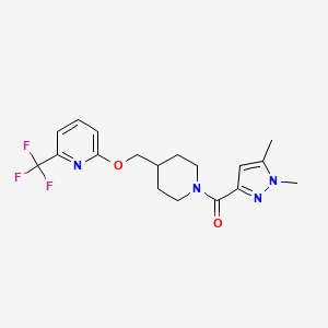 molecular formula C18H21F3N4O2 B2985015 2-{[1-(1,5-二甲基-1H-吡唑-3-羰基)哌啶-4-基]甲氧基}-6-(三氟甲基)吡啶 CAS No. 2201329-60-2