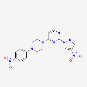 molecular formula C18H18N8O4 B2985017 4-methyl-2-(4-nitro-1H-pyrazol-1-yl)-6-(4-(4-nitrophenyl)piperazin-1-yl)pyrimidine CAS No. 1020502-97-9