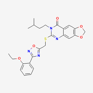 molecular formula C25H26N4O5S B2985061 6-(((3-(2-ethoxyphenyl)-1,2,4-oxadiazol-5-yl)methyl)thio)-7-isopentyl-[1,3]dioxolo[4,5-g]quinazolin-8(7H)-one CAS No. 1111975-52-0
