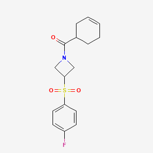 molecular formula C16H18FNO3S B2985073 Cyclohex-3-en-1-yl(3-((4-fluorophenyl)sulfonyl)azetidin-1-yl)methanone CAS No. 1448074-82-5