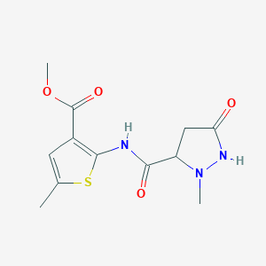 molecular formula C12H15N3O4S B2985139 Methyl 5-methyl-2-(2-methyl-5-oxopyrazolidine-3-carboxamido)thiophene-3-carboxylate CAS No. 956791-18-7