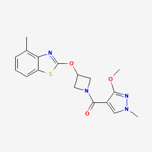 molecular formula C17H18N4O3S B2985140 (3-甲氧基-1-甲基-1H-吡唑-4-基)(3-((4-甲基苯并[d]噻唑-2-基)氧基)氮杂环丁-1-基)甲苯酮 CAS No. 1396624-56-8