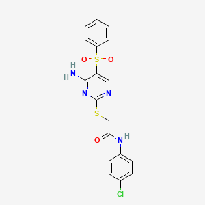 molecular formula C18H15ClN4O3S2 B2985176 2-((4-氨基-5-(苯磺酰)嘧啶-2-基)硫代)-N-(4-氯苯基)乙酰胺 CAS No. 894946-92-0