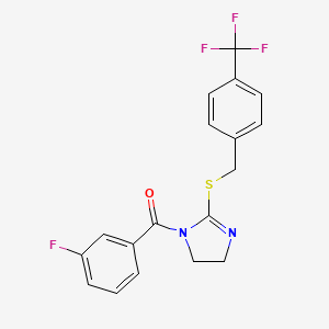 molecular formula C18H14F4N2OS B2985216 1-(3-fluorobenzoyl)-2-({[4-(trifluoromethyl)phenyl]methyl}sulfanyl)-4,5-dihydro-1H-imidazole CAS No. 851806-17-2