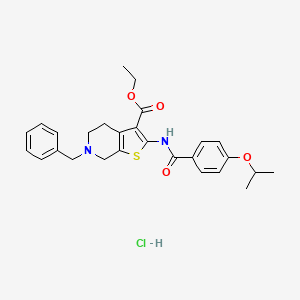 molecular formula C27H31ClN2O4S B2985246 乙酸乙酯6-苄基-2-(4-异丙氧基苯甲酰胺)-4,5,6,7-四氢噻吩[2,3-c]吡啶-3-羧酸酯盐酸盐 CAS No. 1216852-88-8