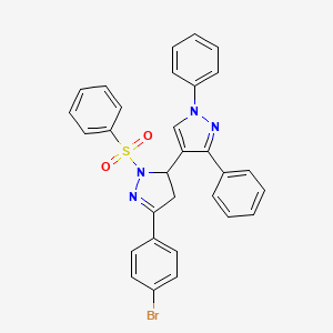 molecular formula C30H23BrN4O2S B2985258 4-[2-(Benzenesulfonyl)-5-(4-bromophenyl)-3,4-dihydropyrazol-3-yl]-1,3-diphenylpyrazole CAS No. 397275-23-9