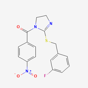 molecular formula C17H14FN3O3S B2985282 [2-[(3-Fluorophenyl)methylsulfanyl]-4,5-dihydroimidazol-1-yl]-(4-nitrophenyl)methanone CAS No. 851865-19-5