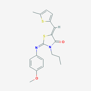 molecular formula C19H20N2O2S2 B298529 2-[(4-Methoxyphenyl)imino]-5-[(5-methyl-2-thienyl)methylene]-3-propyl-1,3-thiazolidin-4-one 
