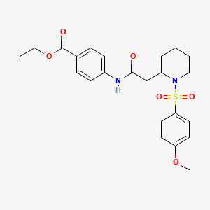 molecular formula C23H28N2O6S B2985319 Ethyl 4-(2-(1-((4-methoxyphenyl)sulfonyl)piperidin-2-yl)acetamido)benzoate CAS No. 941905-36-8