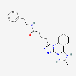molecular formula C23H23N7O B2985340 4-{9-methyl-2,4,5,7,8,10-hexaazatetracyclo[10.4.0.0^{2,6}.0^{7,11}]hexadeca-1(16),3,5,8,10,12,14-heptaen-3-yl}-N-(2-phenylethyl)butanamide CAS No. 902444-28-4