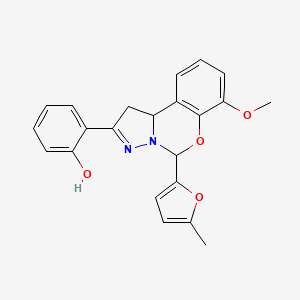 molecular formula C22H20N2O4 B2985350 2-(7-methoxy-5-(5-methylfuran-2-yl)-5,10b-dihydro-1H-benzo[e]pyrazolo[1,5-c][1,3]oxazin-2-yl)phenol CAS No. 900003-63-6