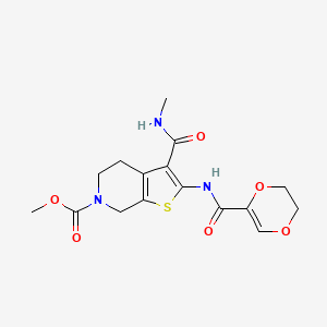 molecular formula C16H19N3O6S B2985359 2-(5,6-二氢-1,4-二氧六环-2-甲酰胺基)-3-(甲基氨基甲酰基)-4,5-二氢噻吩并[2,3-c]吡啶-6(7H)-甲酸甲酯 CAS No. 886959-13-3