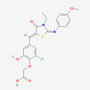 molecular formula C22H21ClN2O6S B298536 [2-Chloro-4-({3-ethyl-2-[(4-methoxyphenyl)imino]-4-oxo-1,3-thiazolidin-5-ylidene}methyl)-6-methoxyphenoxy]acetic acid 