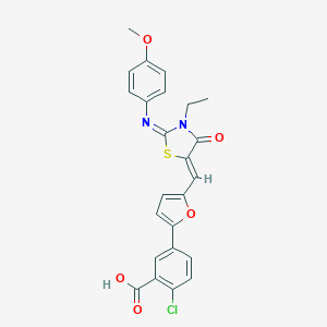 molecular formula C24H19ClN2O5S B298537 2-Chloro-5-[5-({3-ethyl-2-[(4-methoxyphenyl)imino]-4-oxo-1,3-thiazolidin-5-ylidene}methyl)-2-furyl]benzoic acid 
