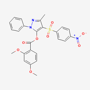 molecular formula C25H21N3O8S B2985378 3-methyl-4-((4-nitrophenyl)sulfonyl)-1-phenyl-1H-pyrazol-5-yl 2,4-dimethoxybenzoate CAS No. 851094-09-2
