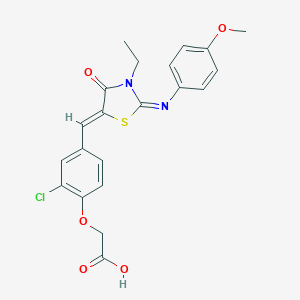 molecular formula C21H19ClN2O5S B298539 [2-Chloro-4-({3-ethyl-2-[(4-methoxyphenyl)imino]-4-oxo-1,3-thiazolidin-5-ylidene}methyl)phenoxy]acetic acid 