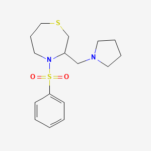 molecular formula C16H24N2O2S2 B2985411 4-(Phenylsulfonyl)-3-(pyrrolidin-1-ylmethyl)-1,4-thiazepane CAS No. 1421491-48-6