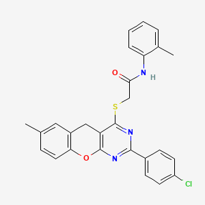 molecular formula C27H22ClN3O2S B2985443 2-((2-(4-chlorophenyl)-7-methyl-5H-chromeno[2,3-d]pyrimidin-4-yl)thio)-N-(o-tolyl)acetamide CAS No. 866844-96-4