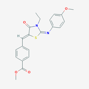 molecular formula C21H20N2O4S B298545 Methyl 4-({3-ethyl-2-[(4-methoxyphenyl)imino]-4-oxo-1,3-thiazolidin-5-ylidene}methyl)benzoate 