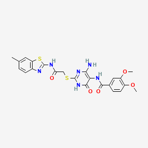 molecular formula C23H22N6O5S2 B2985474 N-(4-amino-2-((2-((6-methylbenzo[d]thiazol-2-yl)amino)-2-oxoethyl)thio)-6-oxo-1,6-dihydropyrimidin-5-yl)-3,4-dimethoxybenzamide CAS No. 868228-13-1