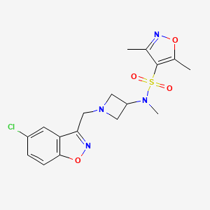 molecular formula C17H19ClN4O4S B2985505 N-[1-[(5-Chloro-1,2-benzoxazol-3-yl)methyl]azetidin-3-yl]-N,3,5-trimethyl-1,2-oxazole-4-sulfonamide CAS No. 2380186-54-7