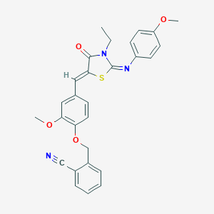 molecular formula C28H25N3O4S B298553 2-{[4-({3-Ethyl-2-[(4-methoxyphenyl)imino]-4-oxo-1,3-thiazolidin-5-ylidene}methyl)-2-methoxyphenoxy]methyl}benzonitrile 
