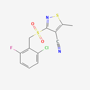 molecular formula C12H8ClFN2O2S2 B2985546 3-[(2-Chloro-6-fluorobenzyl)sulfonyl]-5-methyl-4-isothiazolecarbonitrile CAS No. 343375-68-8