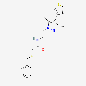 molecular formula C20H23N3OS2 B2985549 2-(benzylthio)-N-(2-(3,5-dimethyl-4-(thiophen-3-yl)-1H-pyrazol-1-yl)ethyl)acetamide CAS No. 2034325-45-4