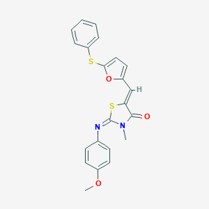 molecular formula C22H18N2O3S2 B298564 2-[(4-Methoxyphenyl)imino]-3-methyl-5-{[5-(phenylsulfanyl)-2-furyl]methylene}-1,3-thiazolidin-4-one 