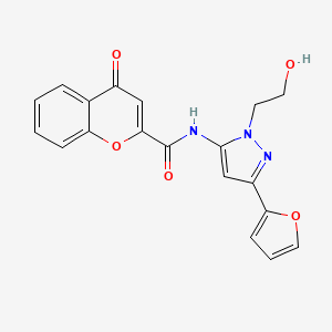 molecular formula C19H15N3O5 B2985641 N-(3-(furan-2-yl)-1-(2-hydroxyethyl)-1H-pyrazol-5-yl)-4-oxo-4H-chromene-2-carboxamide CAS No. 1219902-00-7
