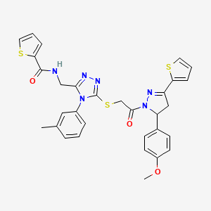 molecular formula C31H28N6O3S3 B2985658 N-[[5-[2-[3-(4-methoxyphenyl)-5-thiophen-2-yl-3,4-dihydropyrazol-2-yl]-2-oxoethyl]sulfanyl-4-(3-methylphenyl)-1,2,4-triazol-3-yl]methyl]thiophene-2-carboxamide CAS No. 362508-80-3