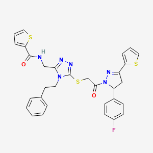 molecular formula C31H27FN6O2S3 B2985691 N-((5-((2-(5-(4-fluorophenyl)-3-(thiophen-2-yl)-4,5-dihydro-1H-pyrazol-1-yl)-2-oxoethyl)thio)-4-phenethyl-4H-1,2,4-triazol-3-yl)methyl)thiophene-2-carboxamide CAS No. 361149-44-2
