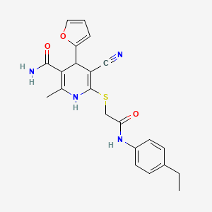 molecular formula C22H22N4O3S B2985716 5-Cyano-6-((2-((4-ethylphenyl)amino)-2-oxoethyl)thio)-4-(furan-2-yl)-2-methyl-1,4-dihydropyridine-3-carboxamide CAS No. 370843-08-6